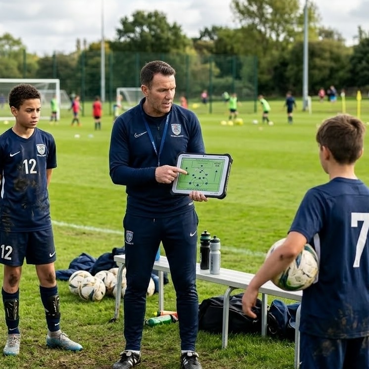 Coach and players looking at tactical information