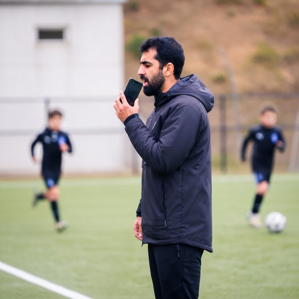 Coach speaking notes during football training
